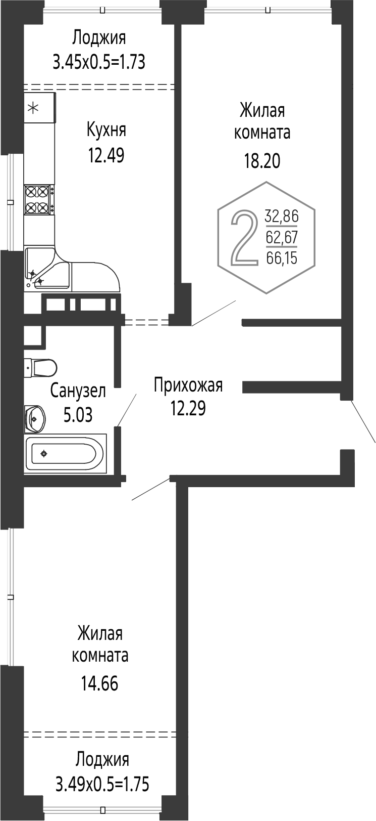 2-комн., 62.67 м², 10/16 этаж, ЖК «Гарантия PRIME»