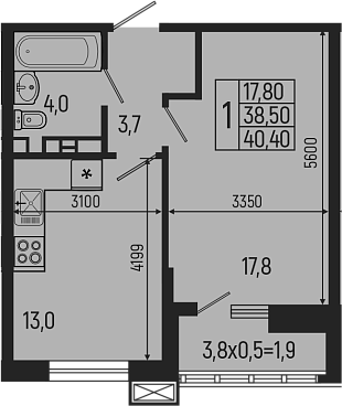 Продается 1-комн. квартира, 38.5 м²