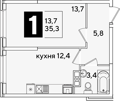 1-комн., 35.3 м², 8/16 этаж, ЖК «Самолет»