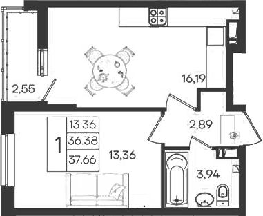 Продается 1-комн. квартира, 36.39 м²