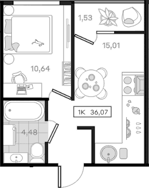 1-комн., 34.54 м², 6/8 этаж, ЖК «История 3»