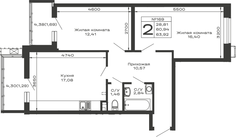 Продается 2-комн. квартира, 60.94 м²