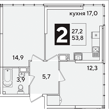 3-комн., 53.8 м², 16/16 этаж, ЖК «Самолет»