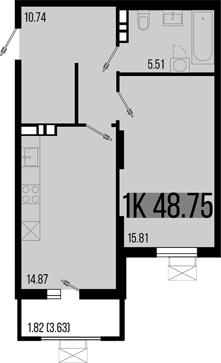 Продается 1-комн. квартира, 46.93 м²