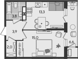 1-комн., 38 м², 24/24 этаж, ЖК «Рекорд»