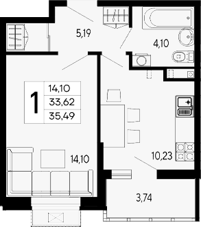 Продается 1-комн. квартира, 33.62 м²