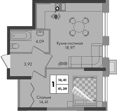 1-комн., 41.39 м², 3/9 этаж, ЖК «Зеленая территория»