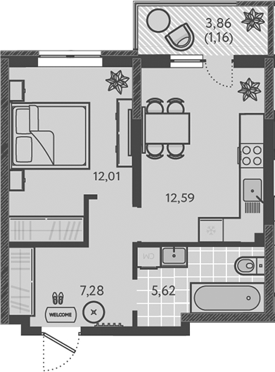 1-комн., 37.5 м², 9/18 этаж, ЖК «Теплые края»