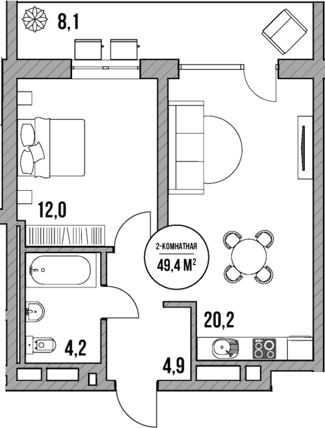 2-комн., 41.3 м², 1/5 этаж, ЖК «МореТут»