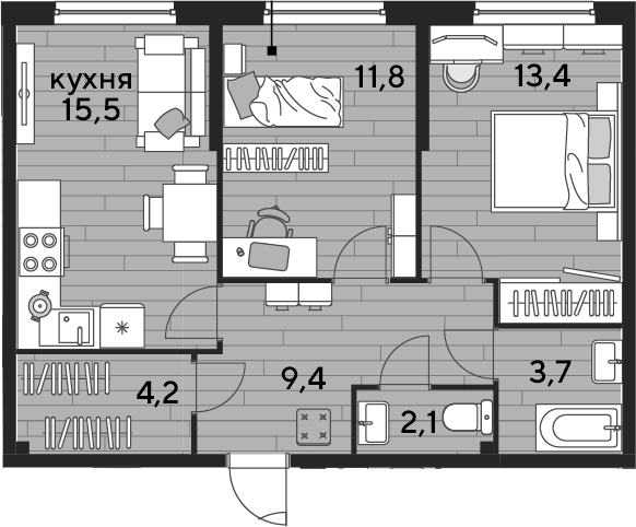 2-комн., 60.1 м², 2/19 этаж, ЖК «DОГМА ПАРК»