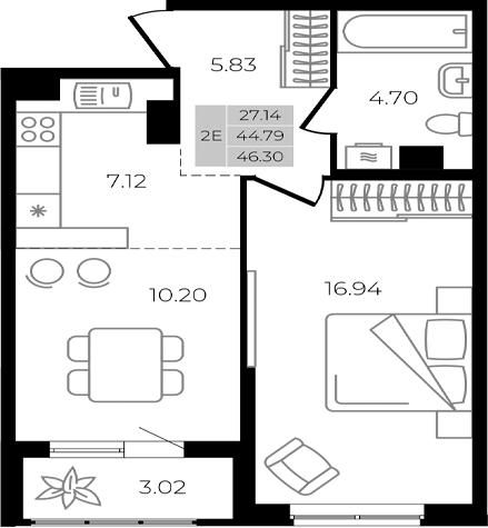 2-комн., 44.79 м², 7/8 этаж, ЖК «Курортный регион»