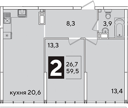 3-комн., 59.5 м², 16/16 этаж, ЖК «Самолет»