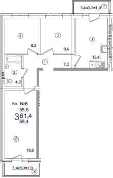 3-комн., 59.4 м², 2/5 этаж, ЖК «Дарград»