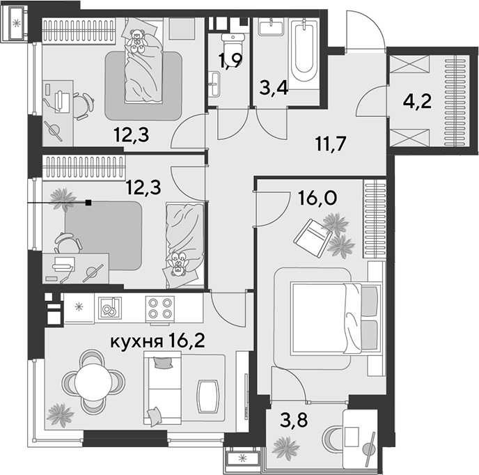 4+ комнаты, 78 м², 6/9 этаж, ЖК «Парк Победы»