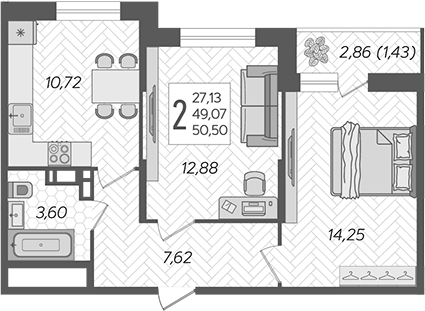 2-комн., 49.07 м², 14/16 этаж, ЖК «Смородина»