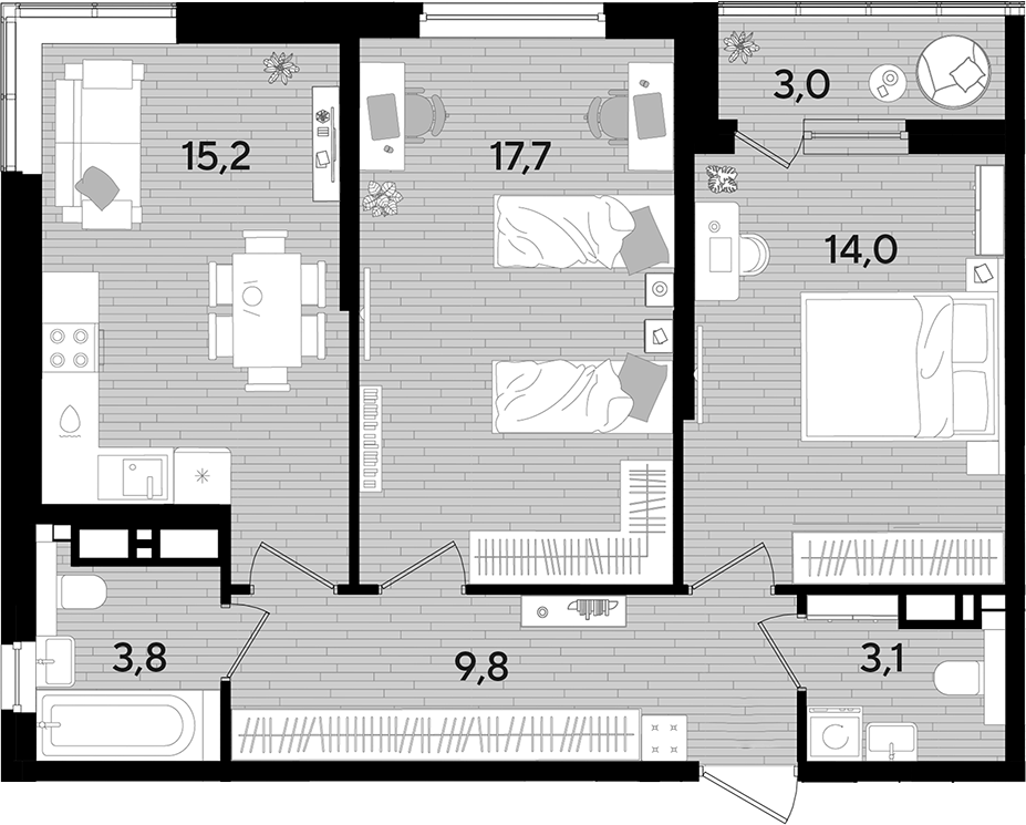 2-комн., 63.6 м², 12/16 этаж, ЖК «DОГМА ПАРК»