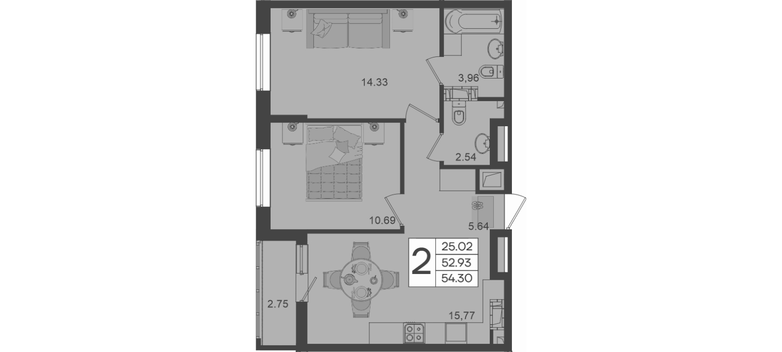 Продается 2-комн. квартира, 52.92 м²
