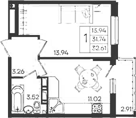 1-комн., 31.74 м², 17/18 этаж, ЖК «Дом 101»
