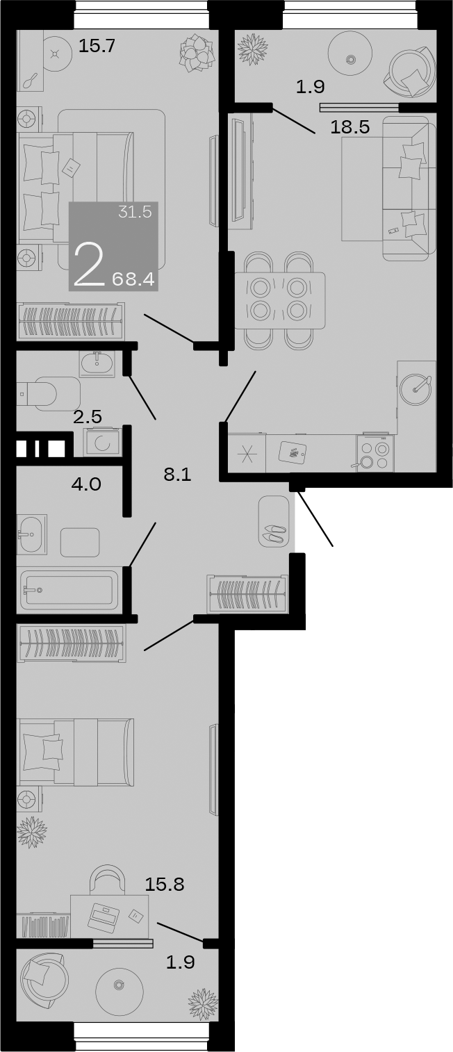 2-комн., 64.6 м², 6/8 этаж, ЖК «Хозяин Морей»