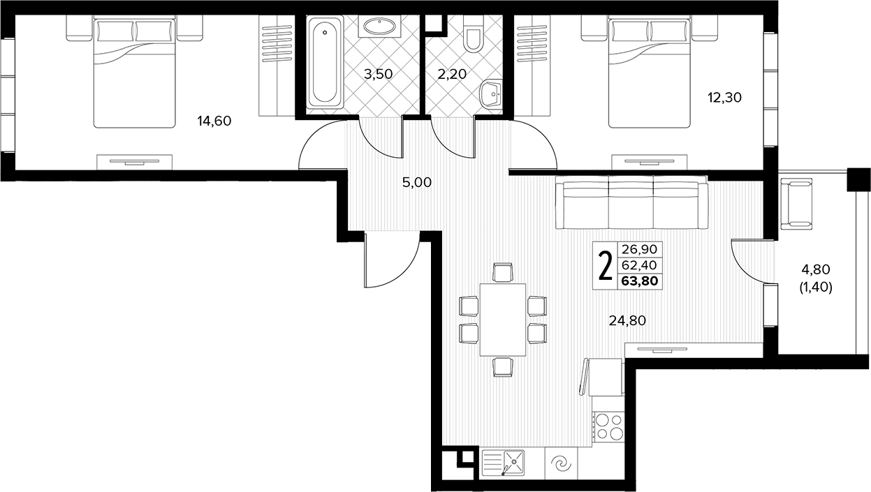 Продается 2-комн. квартира, 62.4 м²