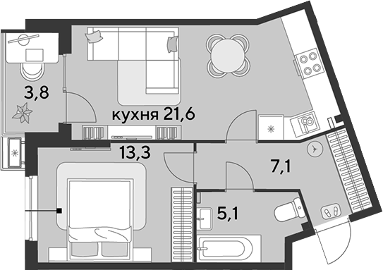 2-комн., 47.1 м², 2/18 этаж, ЖК «Парк Победы»