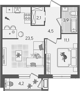 2-комн., 45.1 м², 2/24 этаж, ЖК «Рекорд»