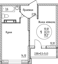 1-комн., 33.77 м², 9/16 этаж, ЖК «Друг»