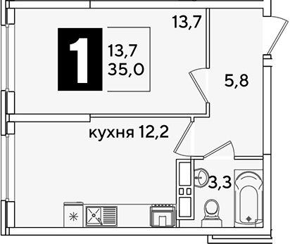 1-комн., 35 м², 14/16 этаж, ЖК «Самолет»
