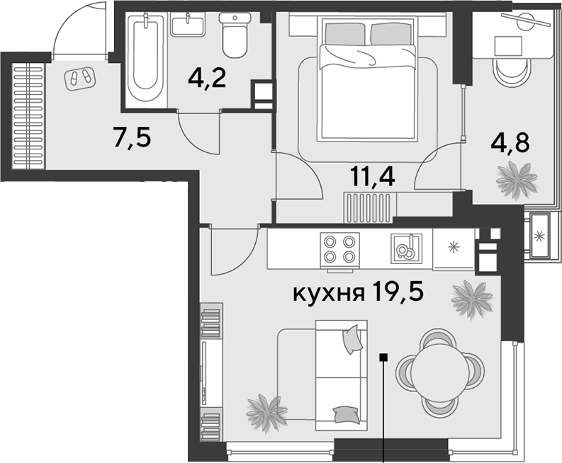 2-комн., 42.6 м², 4/9 этаж, ЖК «Парк Победы»