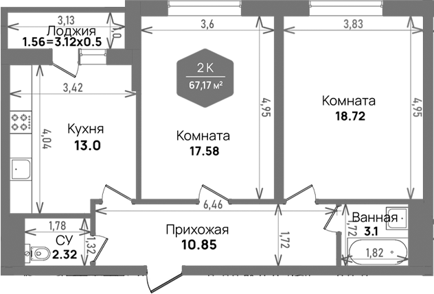 2-комн., 65.61 м², 2/24 этаж, ЖК «Левада»
