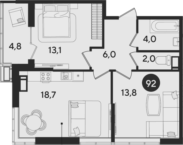 3-комн., 57.6 м², 12/16 этаж, ЖК «Парк Победы»