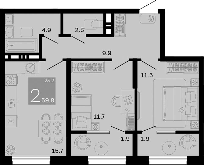 2-комн., 56 м², 4/8 этаж, ЖК «Хозяин Морей»