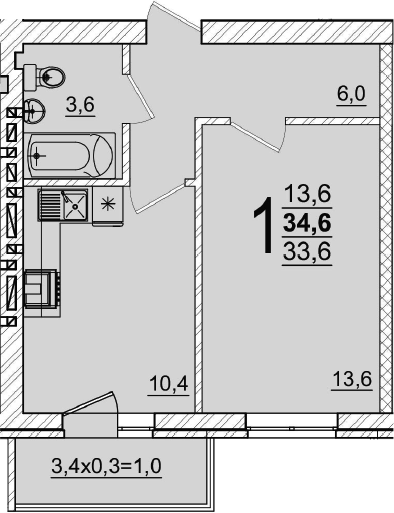 Продается 1-комн. квартира, 33.6 м²
