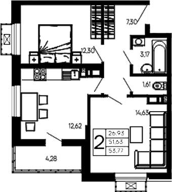 2-комн., 51.63 м², 10/14 этаж, ЖК «Эпос»