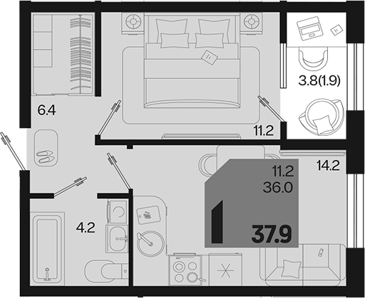 1-комн., 36 м², 2/9 этаж, ЖК «Первое место»
