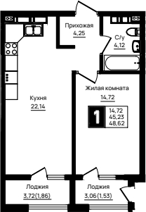 1-комн., 45.23 м², 11/18 этаж, ЖК «Резиденция морей»