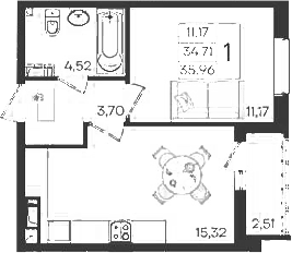 1-комн., 34.71 м², 13/18 этаж, ЖК «Дом 101»