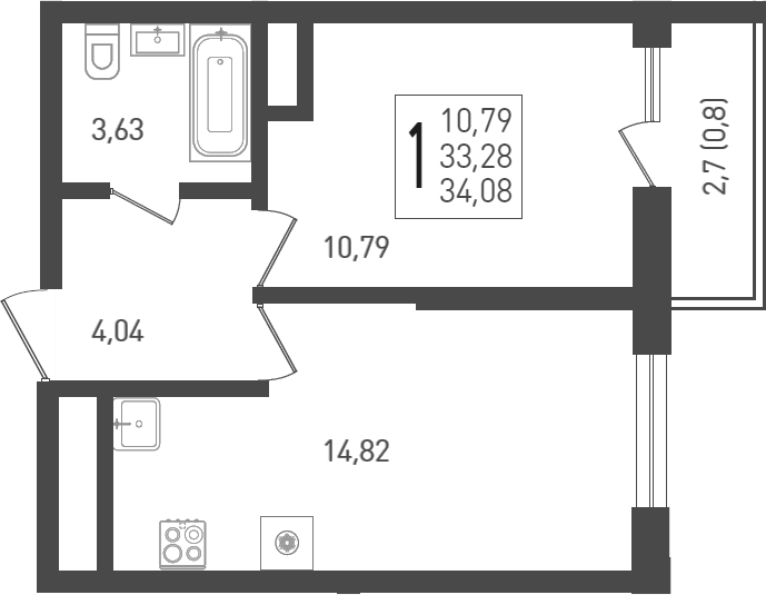 1-комн., 34.4 м², 17/24 этаж, ЖК «ЖК «Кубанская Крепость»»