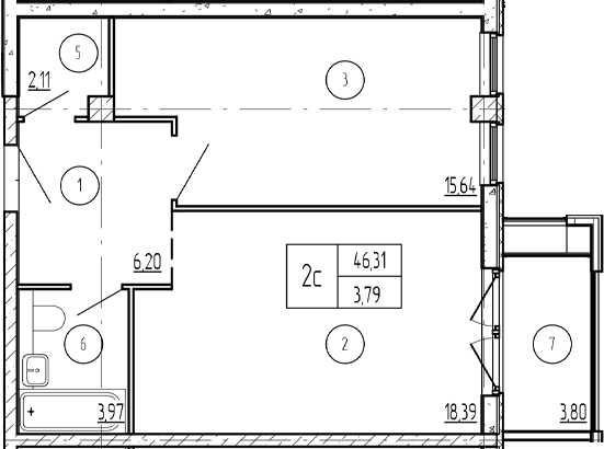 2-комн., 46.41 м², 2/9 этаж, ЖК «Лучи»