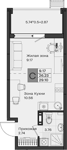 Студия, 26.23 м², 7/8 этаж, ЖК «МОНО квартал»