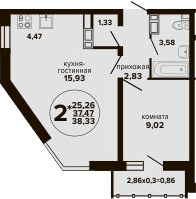 2-комн., 37.47 м², 6/24 этаж, ЖК «Гулливер»