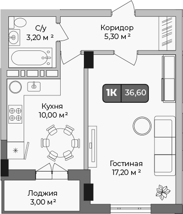 1-комн., 35.1 м², 2/9 этаж, ЖК «Опера»