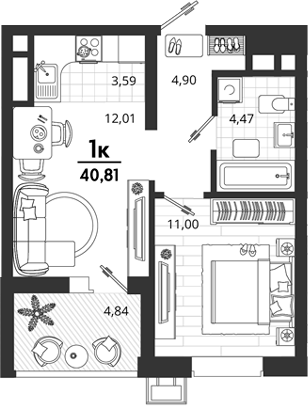 1-комн., 35.97 м², 13/18 этаж, ЖК «Родные Просторы»