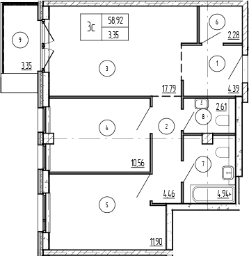 2-комн., 58.92 м², 8/9 этаж, ЖК «Лучи»