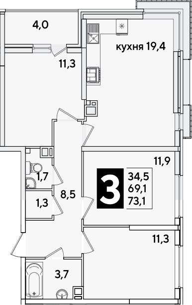 4+ комнаты, 69.1 м², 4/16 этаж, ЖК «Самолет»