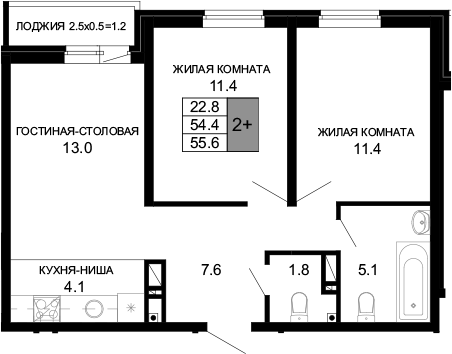 3-комн., 54.4 м², 15/16 этаж, ЖК «Дыхание»