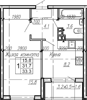 1-комн., 31.7 м², 2/4 этаж, ЖК «Эво»