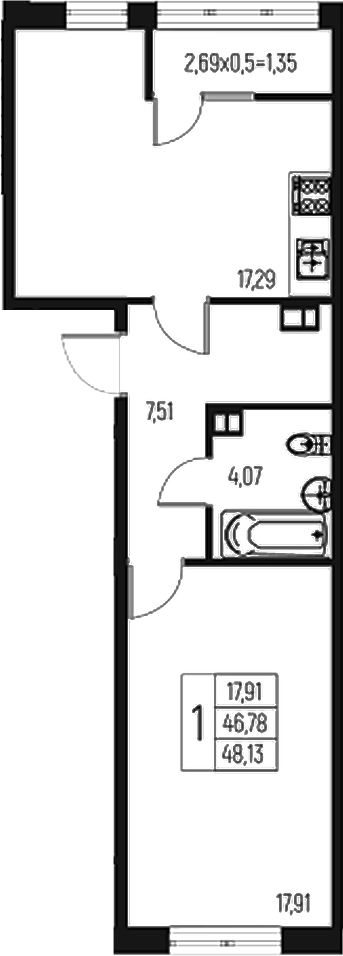 1-комн., 46.78 м², 6/7 этаж, ЖК «Атаманский Сад»