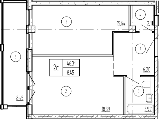 2-комн., 46.04 м², 4/9 этаж, ЖК «Лучи»