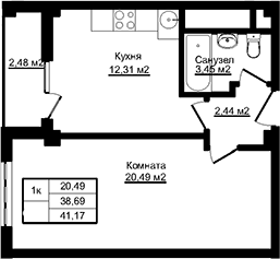 1-комн., 38.69 м², 9/12 этаж, ЖК «Южный парк. СЗ Корона»